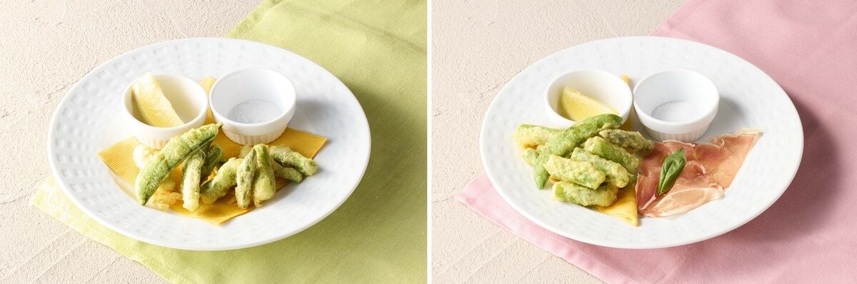 ココス(左)「アスパラとスナップエンドウのフリット」、(右)「熟成生ハム&アスパラとスナップエンドウのフリット」