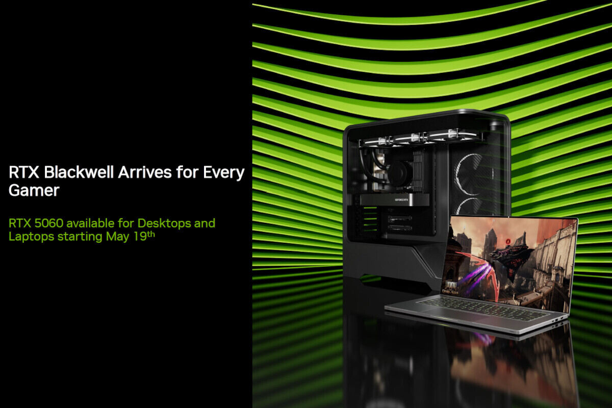 「GeForce RTX 5060」の販売開始をアナウンス。デスクトップ向けだけでなく、ノートPC向けへの展開もある