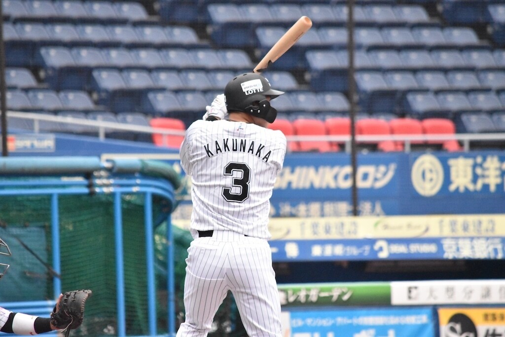 ライブBPで打席に立ったロッテ・角中勝也（撮影＝岩下雄太）