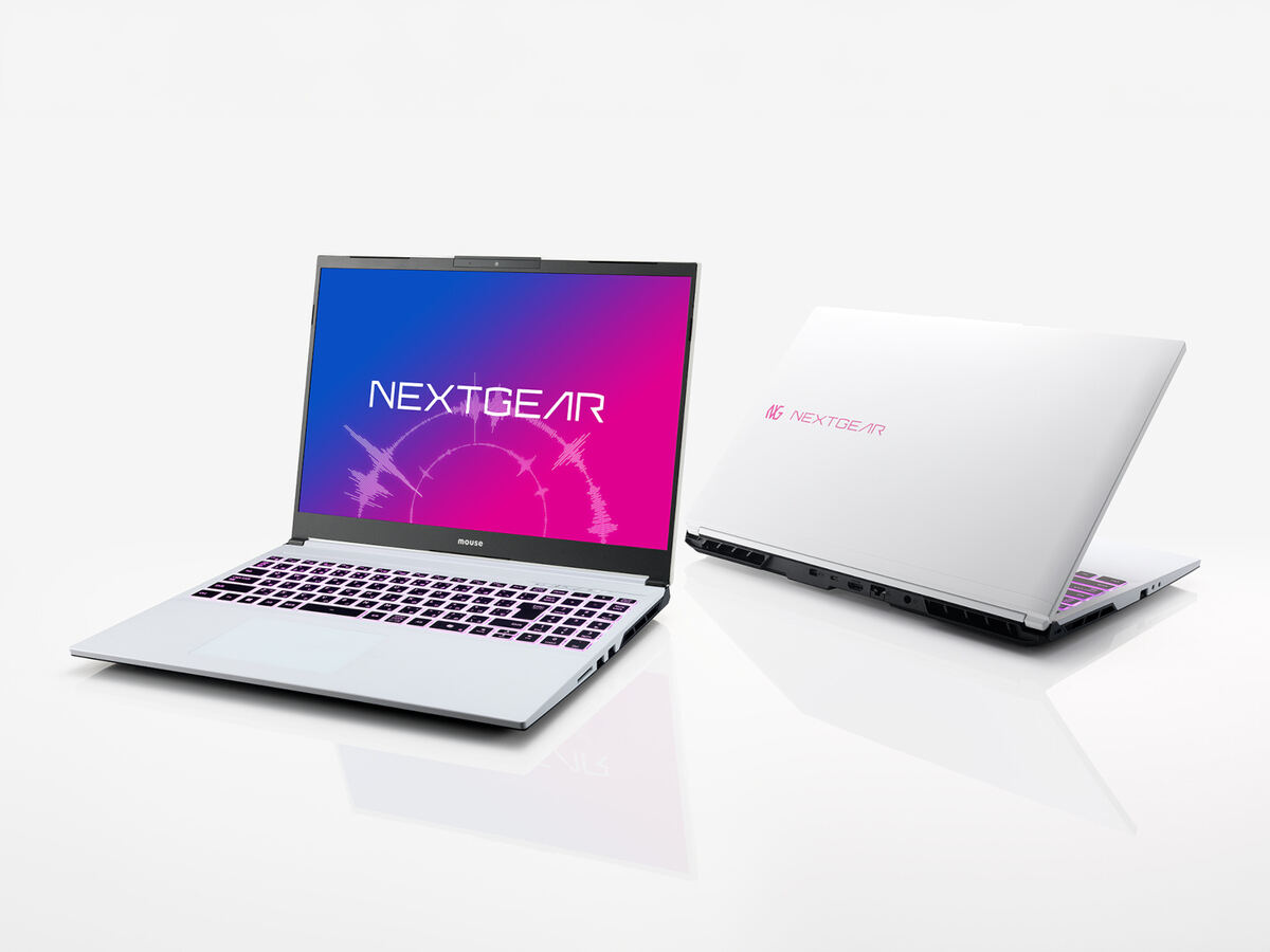 ゲーミング16型ノートPC「NEXTGEAR J6-A7G50WT-A（ホワイト）」。初のホワイトカラー。天面にはブランドカラーのロゴを印字