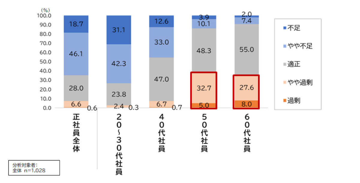 正社員の年代別の人材不足感