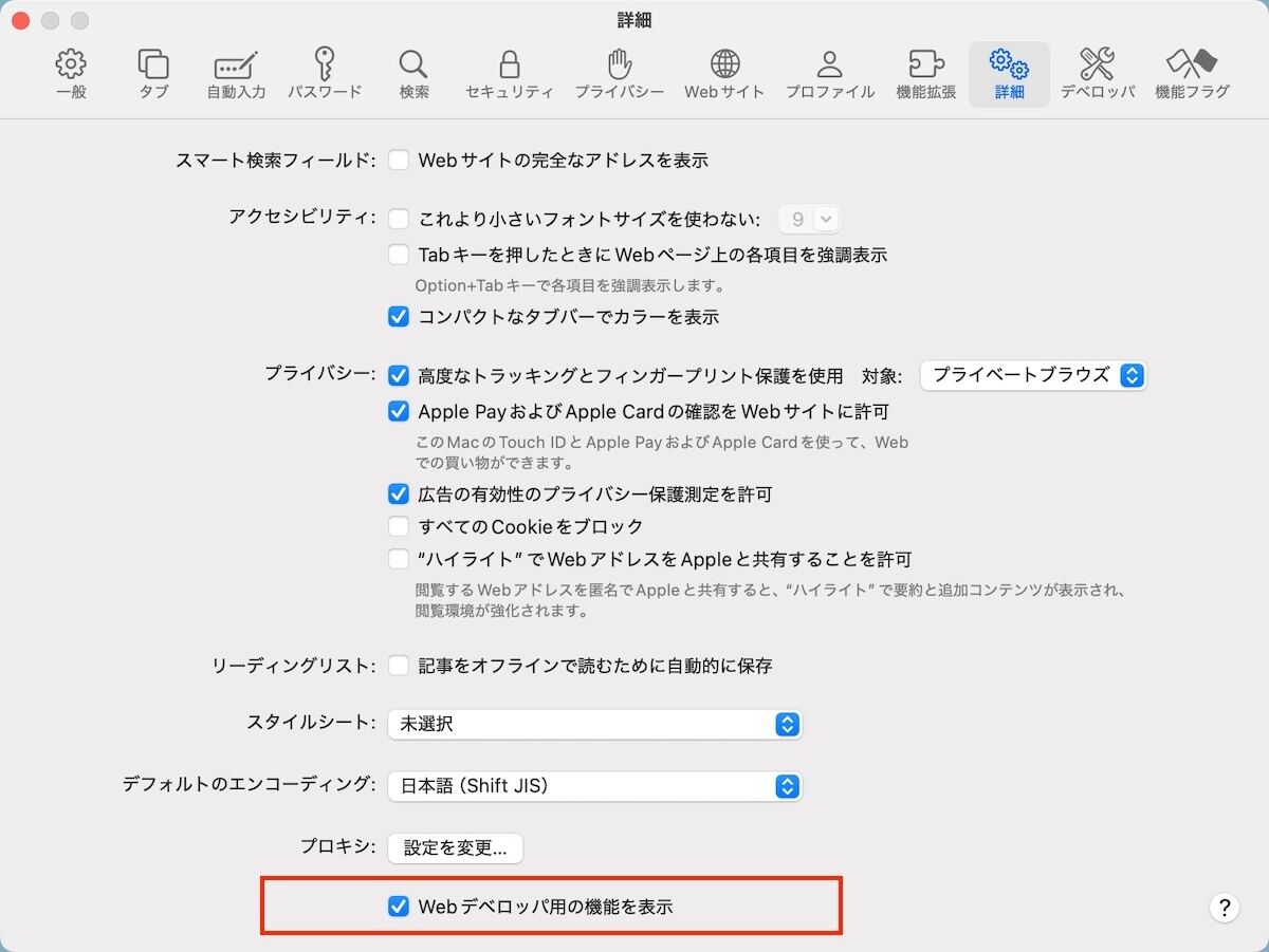 Safariで開発者ツールを有効にする設定