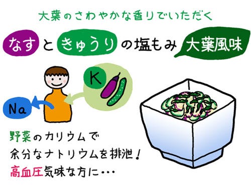 毎日更新 カラダに効く 健康料理レシピ 52 血圧上昇を抑えるカリウムを摂ろう なすときゅうりの塩もみ 大葉風味 マイナビニュース