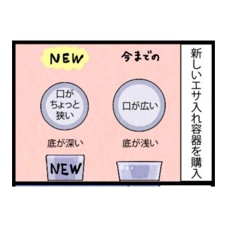 漫画「いたずらオウムの生活雑記」 第380回 新しいエサ入れ