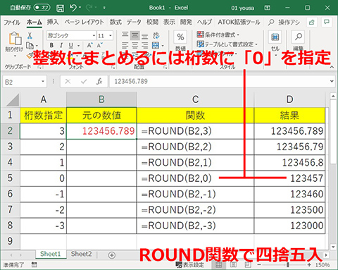 Excel 数値を四捨五入 切り捨て 切り上げ Round関数の基本 仕事に役立つofficeの使い方 138 マイナビニュース