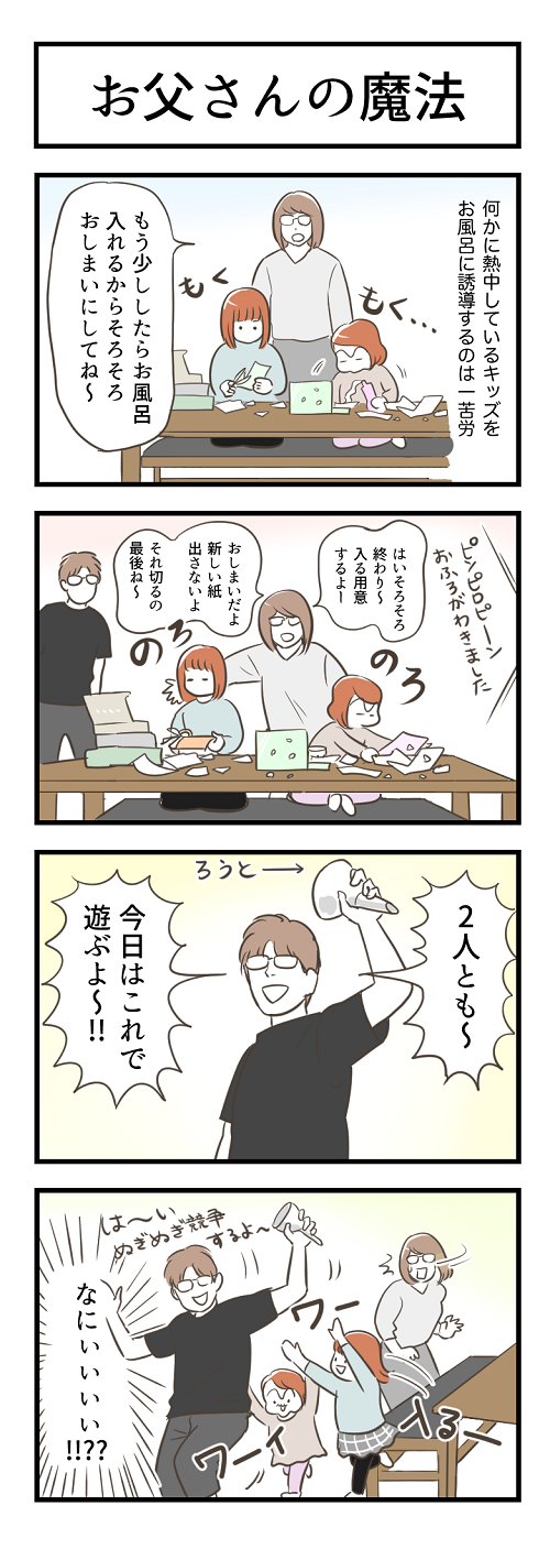 何かに熱中しているキッズをお風呂に誘導するのはひと苦労　もう少ししたらお風呂入れるからそろそろおしまいにしてね～　はいそろそろ終わり～入る用意するよ～　おしまいだよ　新しい紙出さないよ　それ切るの最後ね～　2人とも～今日はこれで遊ぶよ～　なにぃぃぃぃぃ!!??