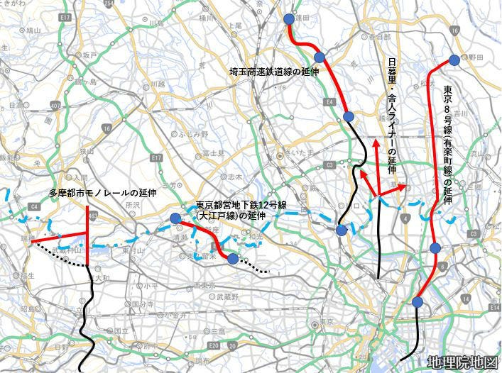 埼玉県の鉄道延伸構想、日暮里・舎人ライナーなど追加し計5路線に