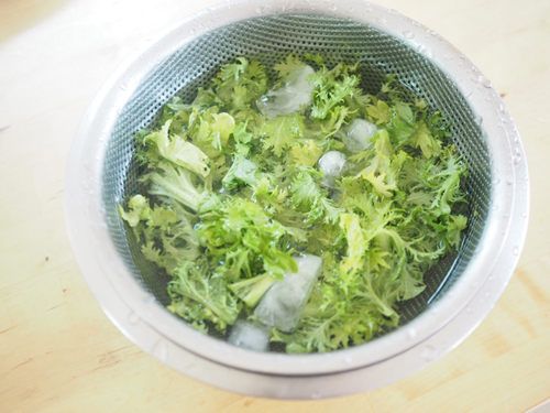 ざく切りにしたわさび菜を氷水に5～10分さらしたら水気をよく切り、スプーンですくった豆腐と一緒に器に盛りつける。最後にしらすと鰹節を散らし、ポン酢とわさびを回しかけたら完成です