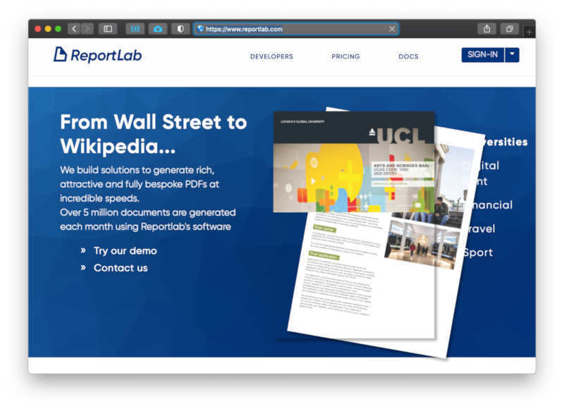 ReportLabのWebサイト