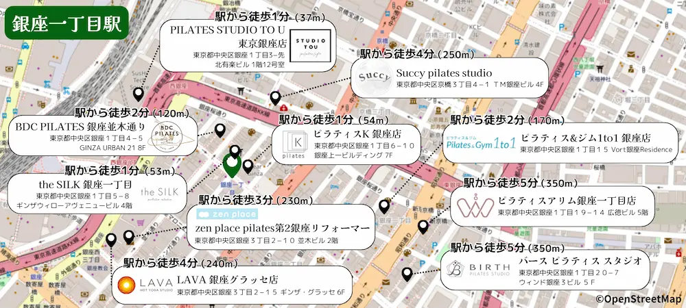 銀座一丁目駅から徒歩5分以内のピラティススタジオマップ