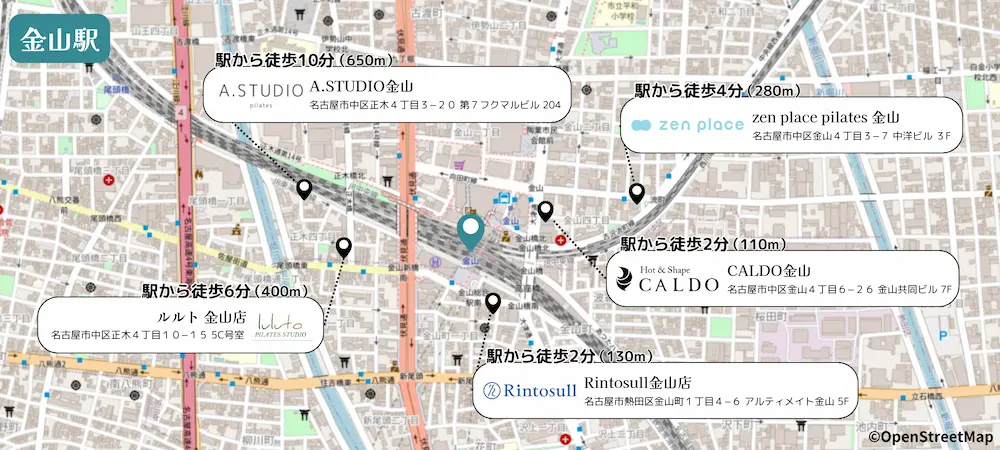 金山駅から徒歩10分以内のピラティススタジオマップ