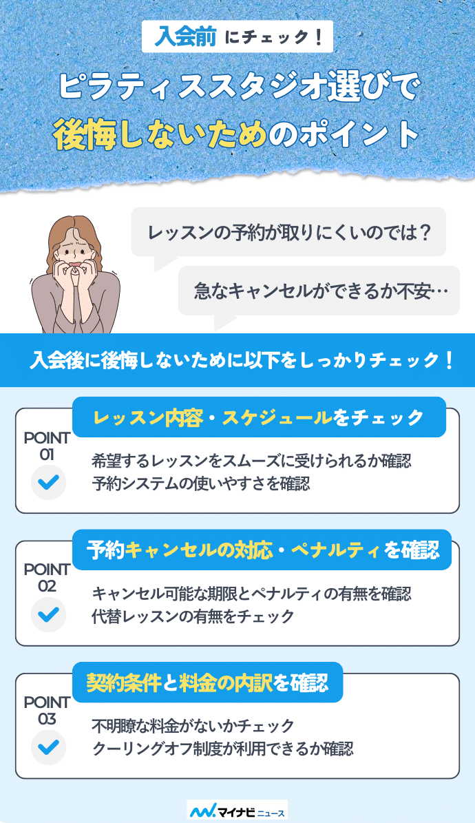 ピラティススタジオを契約する前に、確認しておくべき注意ポイントについて解説している画像