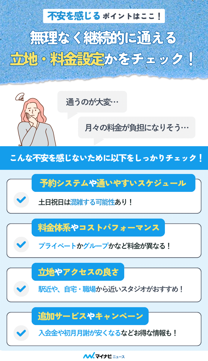 ピラティススタジオは料金設定や立地で選ぶことを解説している画像