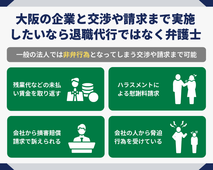 大阪の企業と交渉や請求まで実施したいなら退職代行ではなく弁護士