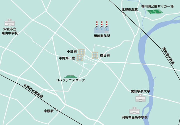 愛知県にある三菱自動車期間工の寮のマップ