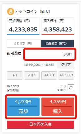 販売所の数量指定の画面