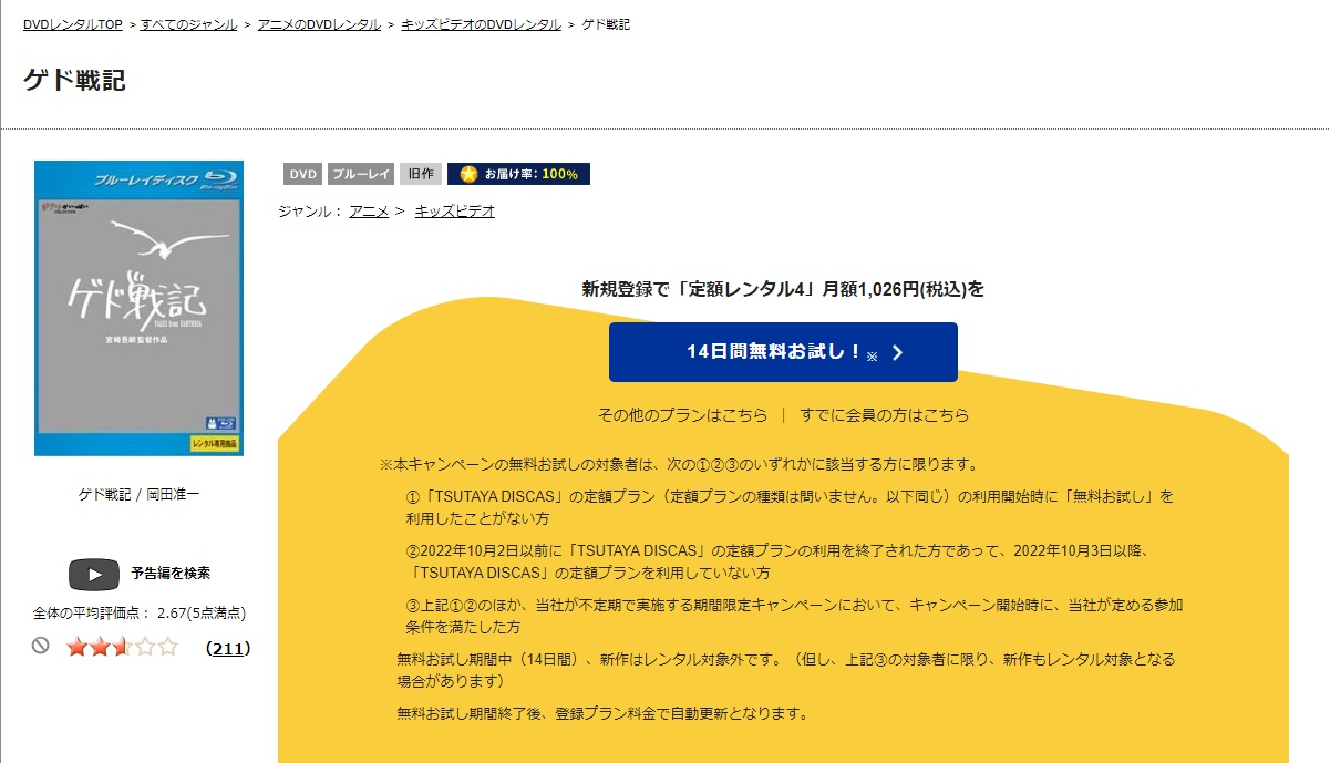 TSUTAYA DISCASでのゲド戦記の配信状況