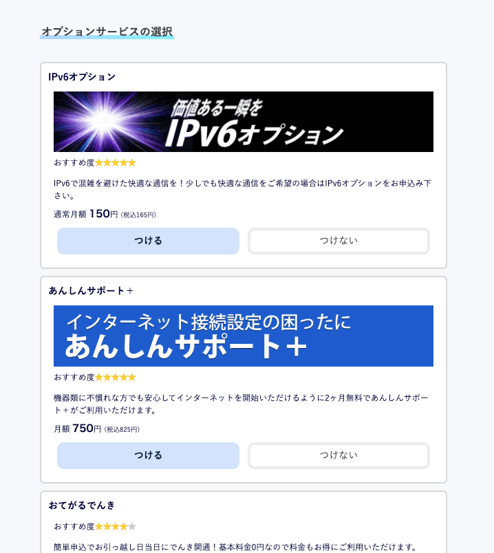 おてがる光 申込みフォーム オプション選択