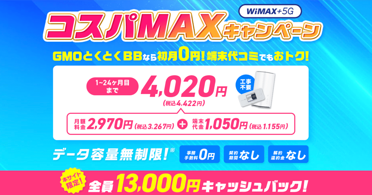 GMOとくとくBB WiMAX コスパMAXキャンペーン