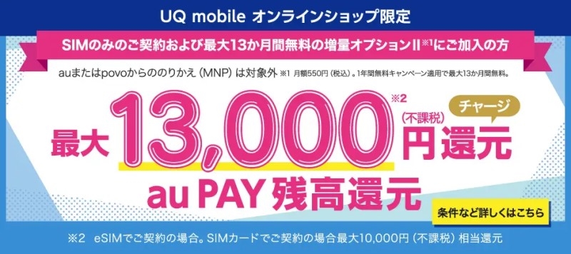 UQモバイルの13,000円還元の告知画像