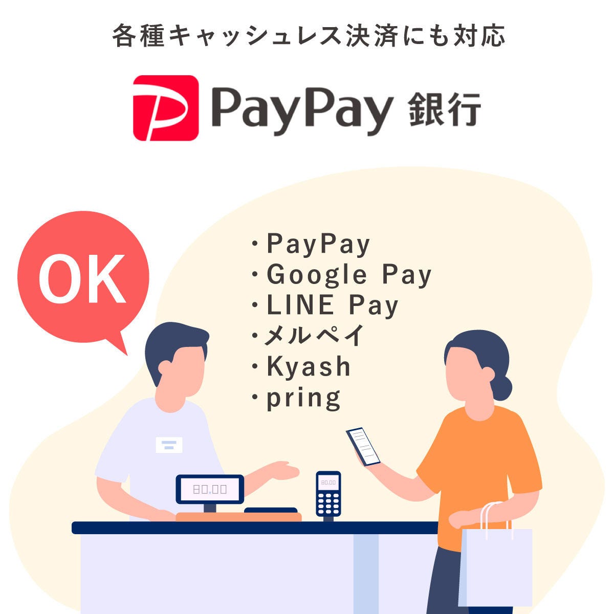 PayPay銀行はPayPay、Google Pay 、LINE Pay 、メルペイ、Kyash、pring各種キャッシュレス決済に対応