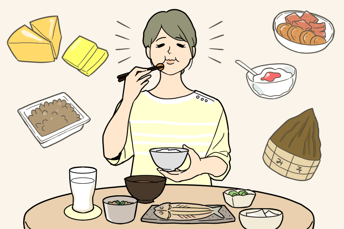 ヨーグルトや納豆、キムチ、チーズ、甘酒などの発酵食品を積極的に食べています。（女性）