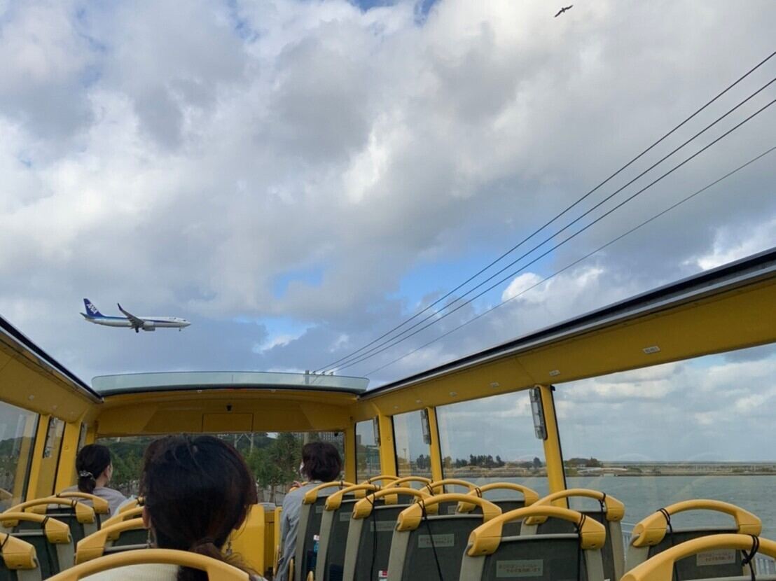 オープントップバスから見える飛行機