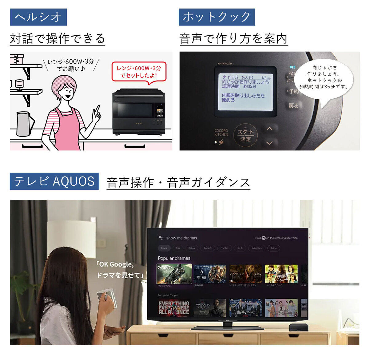 「ヘルシオ」「ホットクック」「AQUOSテレビ」