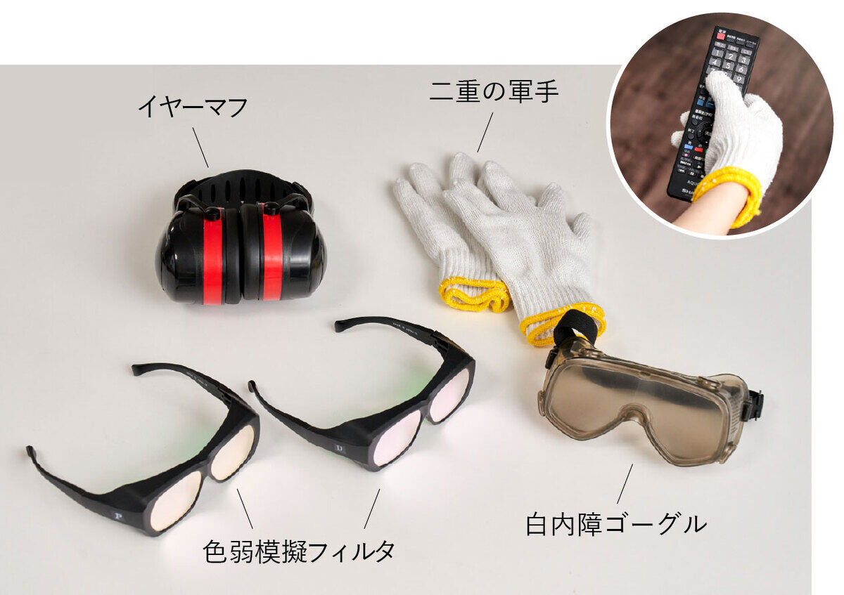色弱模擬フィルタ、白内障ゴーグル、イヤーマフ、軍手