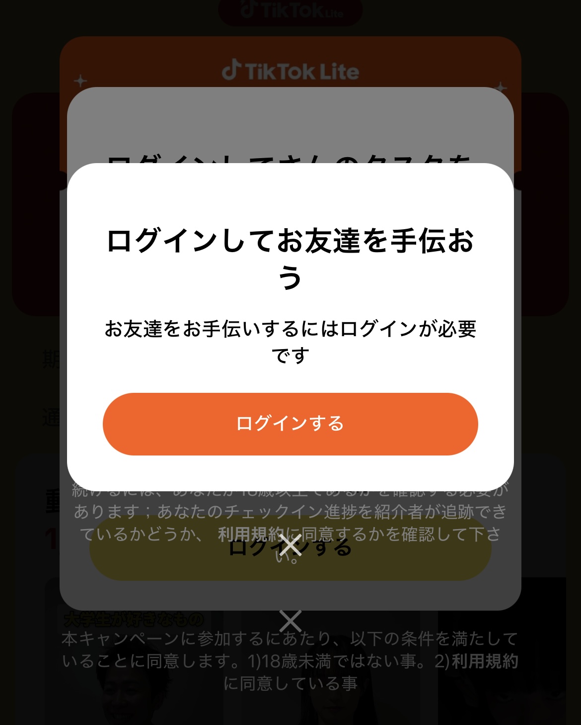 TikTok Lite ログイン画面