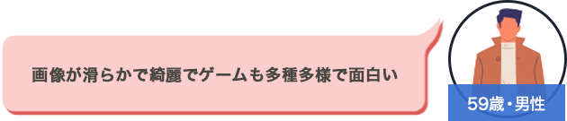 59歳・男性　画像が滑らかで綺麗でゲームも多種多様で面白い