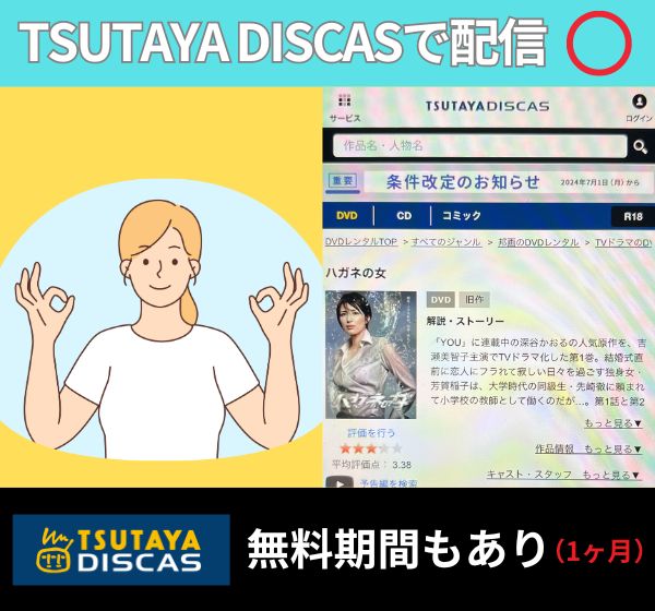 【無料】ドラマ「ハガネの女」を配信しているサブスクは「TSUTAYA DISCAS」だけ！