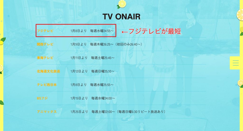 アニメ「ハニーレモンソーダ」の放送予定を調査した画像