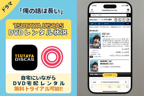 ドラマ「俺の話は長い」を全話無料配信しているのは「TSUTAYA DISCAS」のみ