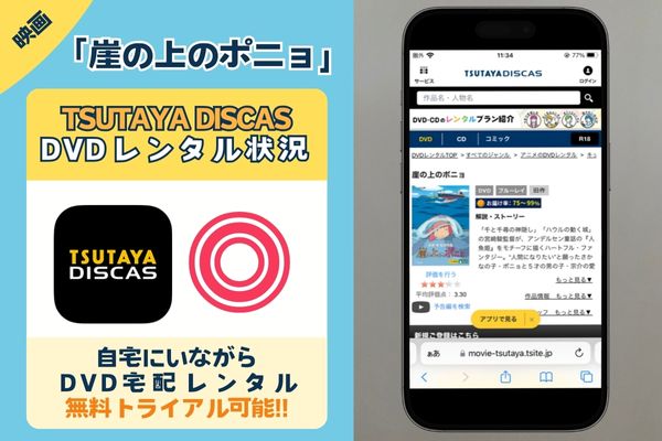 映画「崖の上のポニョ」を無料視聴できる動画配信サイトは「TSUTAYA DISCAS」だけ！