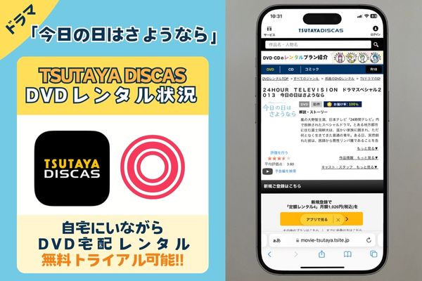 ドラマ「今日の日はさようなら」を無料視聴できるサブスクは「TSUTAYA DISCAS」だけ！