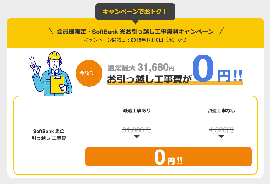 SoftBank 光お引っ越し工事無料キャンペーン