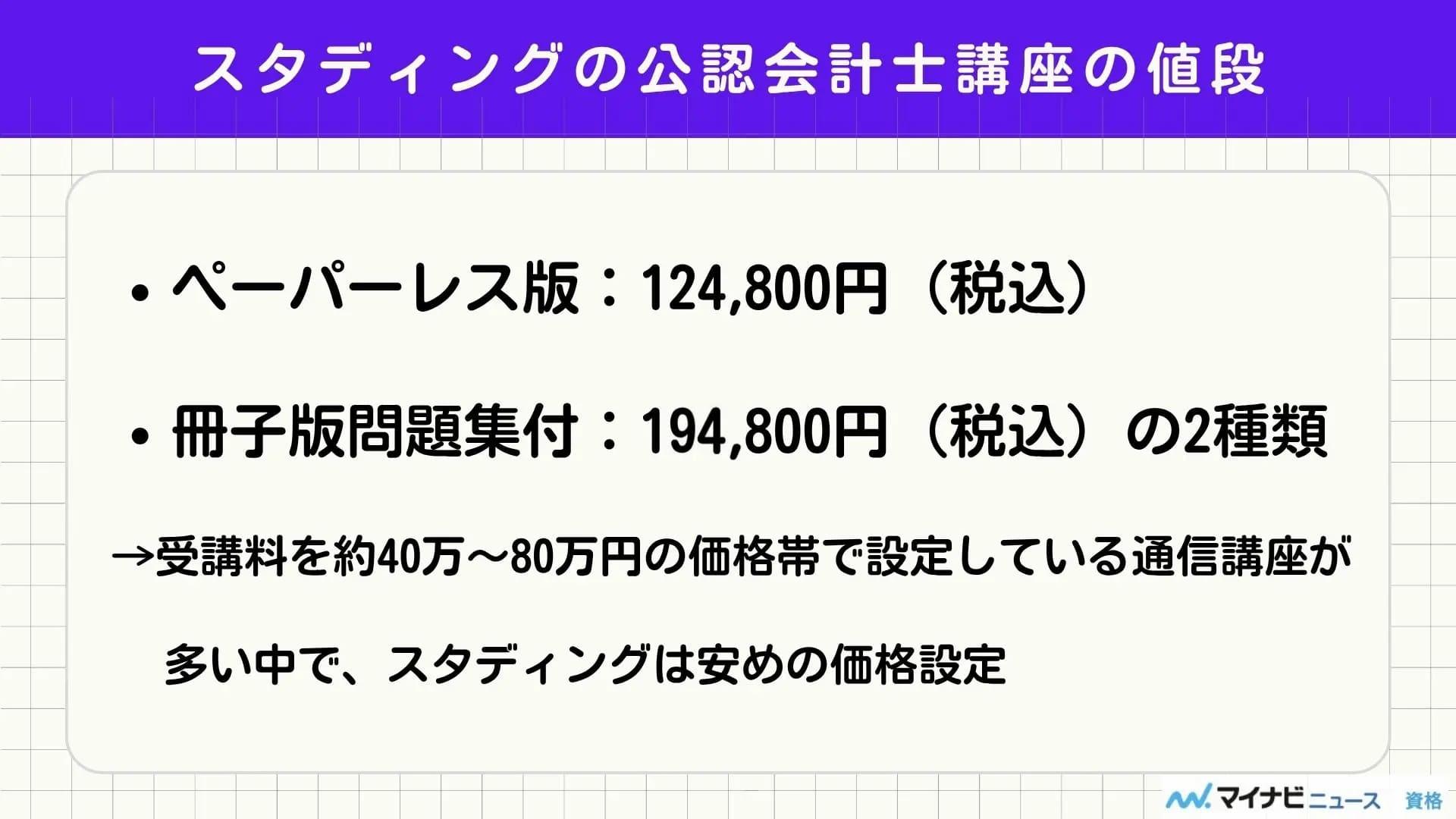 スタディングの公認会計士講座の値段