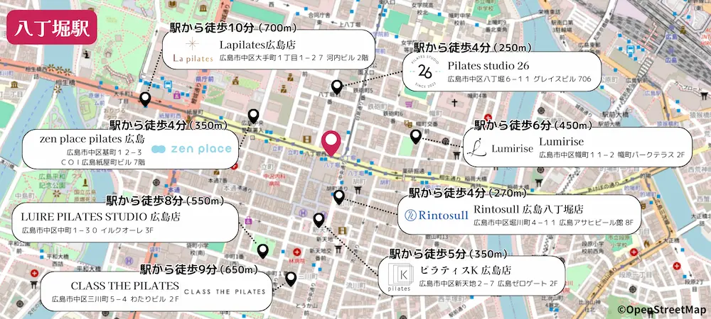 八丁堀駅から徒歩10分以内のスタジオマップ