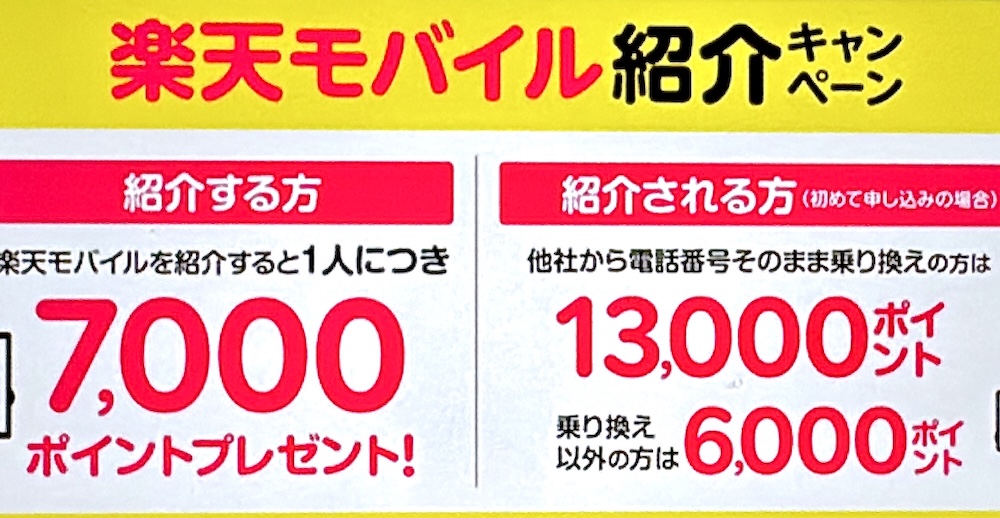 楽天モバイル紹介キャンペーン！紹介1人につき7,000ポイント、紹介される方も最大13,000ポイントプレゼント！