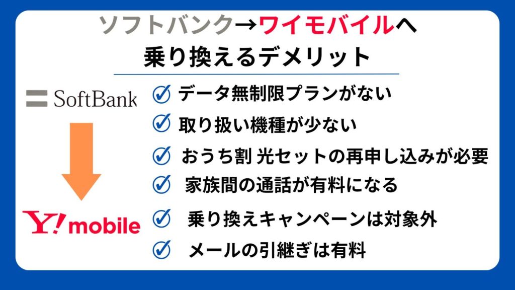 ソフトバンクからワイモバイルへ乗り換えるデメリット・注意点