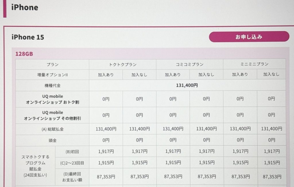 UQモバイル　スマホ端末価格の確認方法