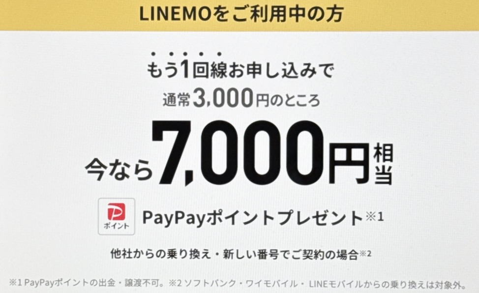 LINEMOの追加申し込みで7,000円相当の還元