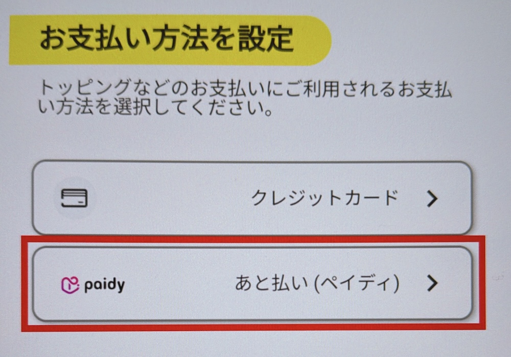povo 支払い方法の選択画面