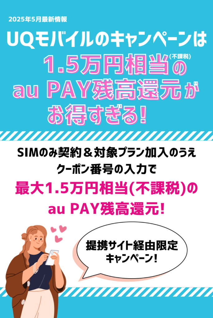 UQモバイルのキャンペーンは1.5万円相当(不課税)のau PAY残高還元がお得すぎる