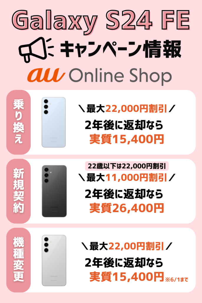 Galaxy S24 FEの価格とキャンペーン一覧!どこで買うのがお得?