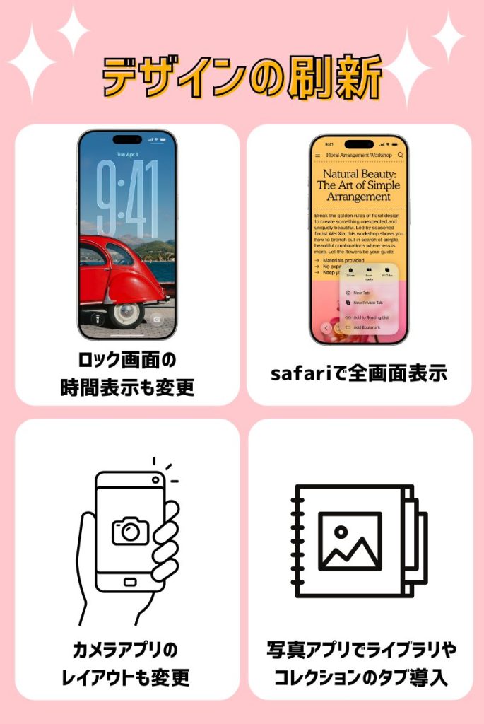 ①デザインが半透明が美しい「Liquid Glass」に変更