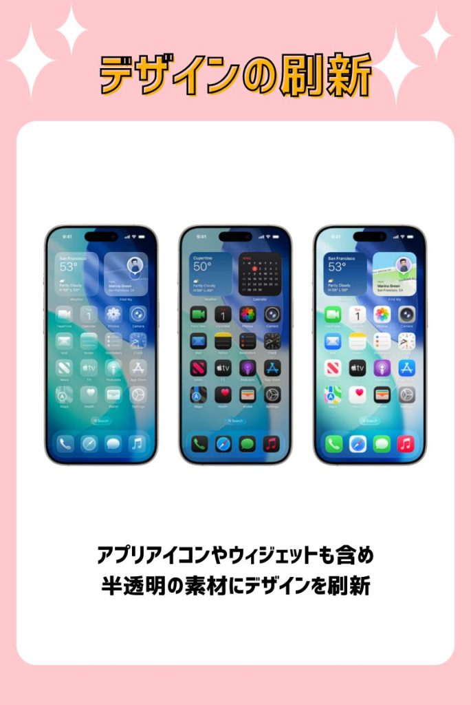 ①デザインが半透明が美しい「Liquid Glass」に変更