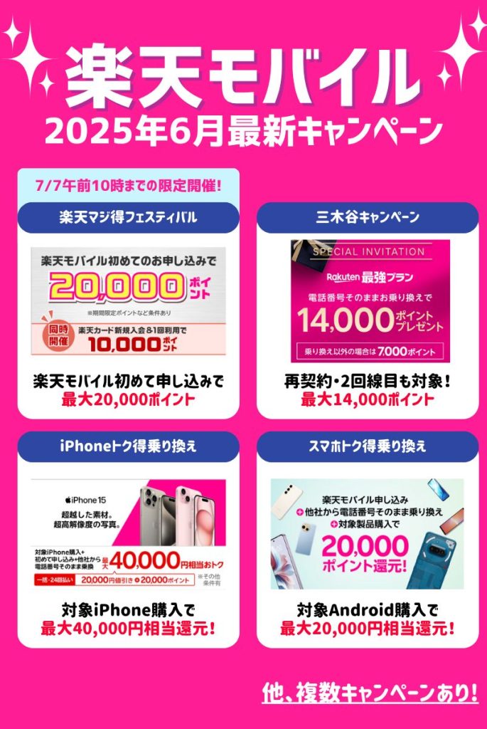 楽天モバイルのキャンペーンまとめ｜パターン別に紹介【2025年6月】