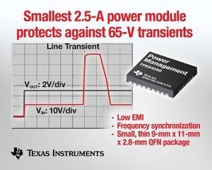 TI、65Vの過渡電圧性能を持つ小型2.5Aパワーモジュールを発表